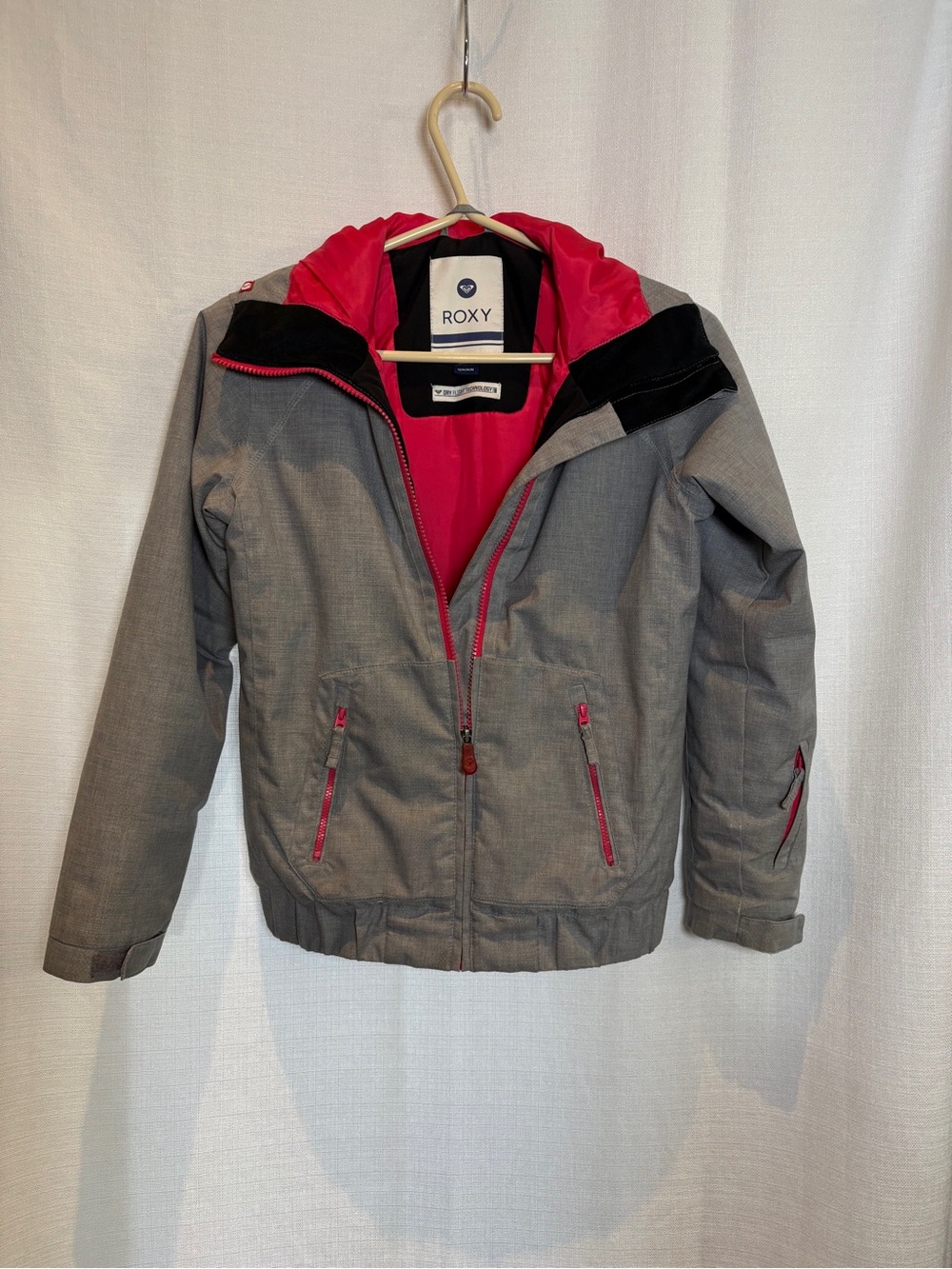 Roxy Girls Dry Flight Gray Insulated Winter Snow Jacket with Pink Lining